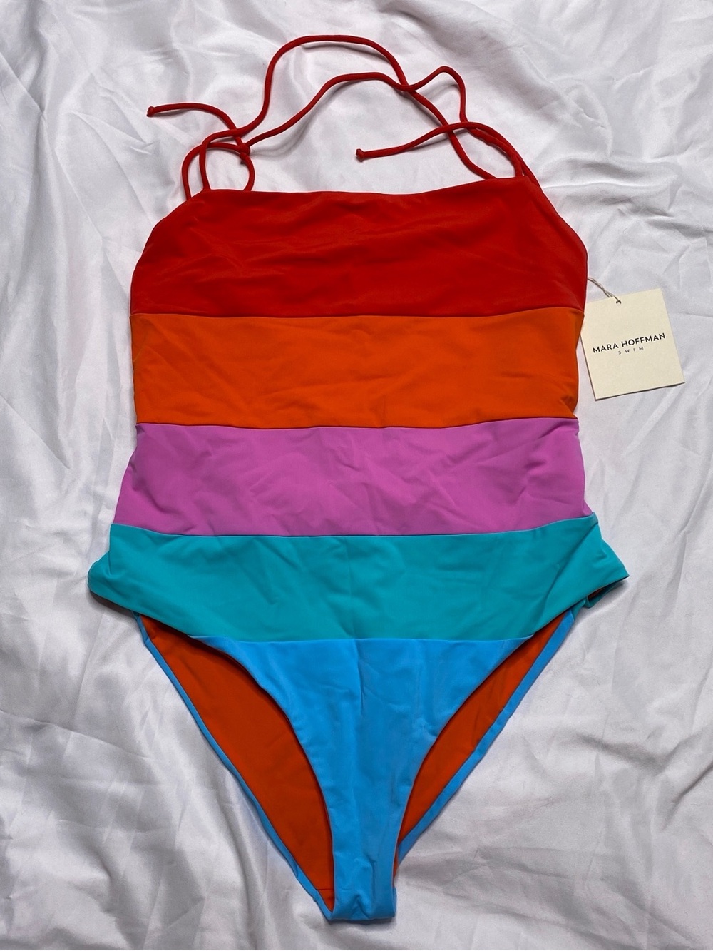 NWT Mara Hoffman Red/Orange/Pink/Teal/Blue Striped One-Piece Swimsuit